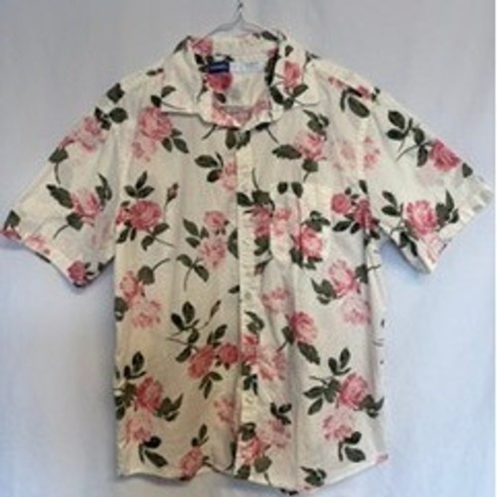 Old Navy Mens Large Floral Rose Button Down Shirt Short Sleeve White Pink Flex